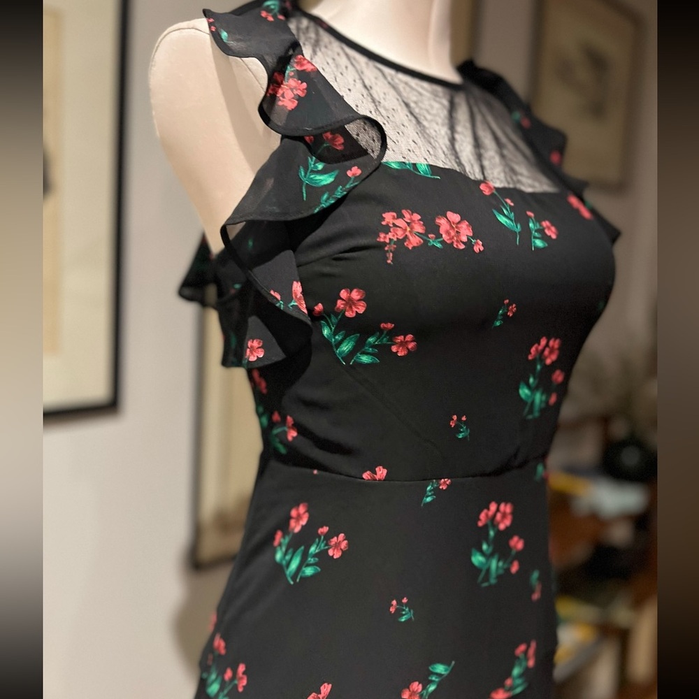 Express Black Midi Dress with Red Floral Design